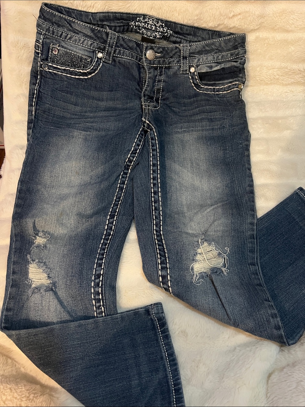 Paisley Sky Distressed Dark Blue Cropped Jeans